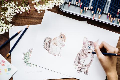 Woman coloring in an image of a kitten